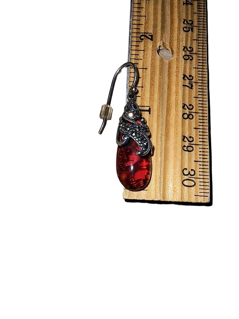 Sterling Silver, Ruby Red Glass & Marcasite Exotic Teardrop Earrings - Picture 3 of 10